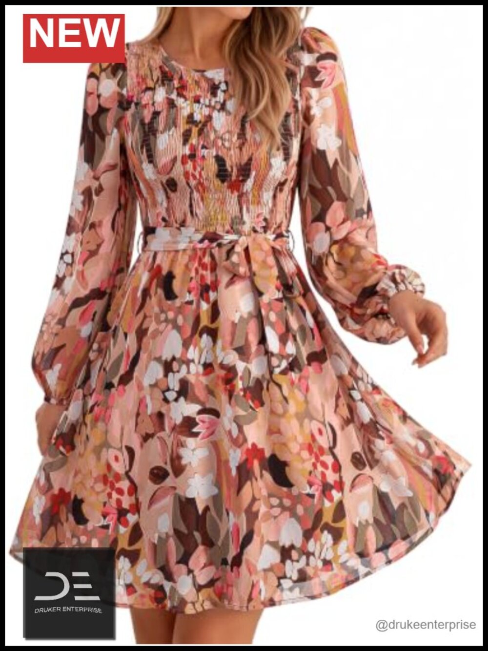 Simplee Long Sleeve Floral Chiffon Smocked Wedding Guest Mini Dress